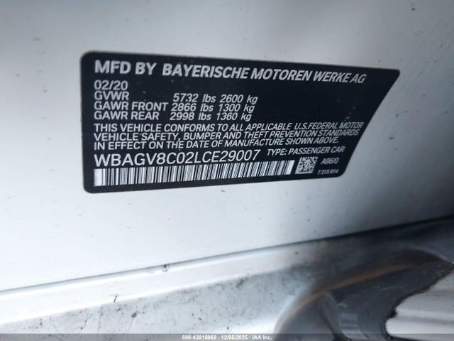 Aukcja sprzedaży 2020 Bmw M850i Gtan Coupe Xdrive, vin: WBAGV8C02LCE29007, numer aukcji: 43816968