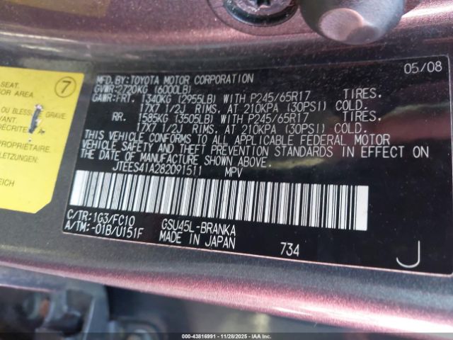 2008 TOYOTA HIGHLANDER JTEES41A282091511 Photo 8