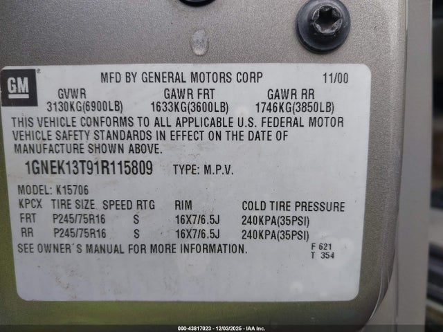 2001 CHEVROLET TAHOE 1GNEK13T91R115809 Photo 8