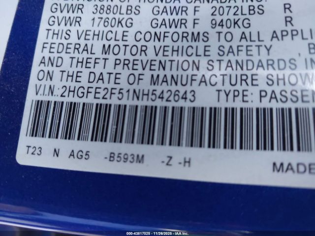 2022 HONDA CIVIC 2HGFE2F51NH542643 Photo 8