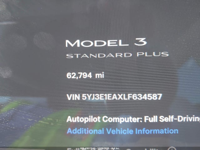 Продаж на аукціоні авто 2020 Tesla Model 3 Standard Range Plus Rear-wheel Drive/standard Range Rear-wheel Drive, vin: 5YJ3E1EAXLF634587, номер лоту: 43817141