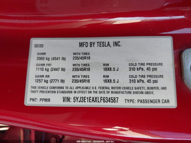 Продаж на аукціоні авто 2020 Tesla Model 3 Standard Range Plus Rear-wheel Drive/standard Range Rear-wheel Drive, vin: 5YJ3E1EAXLF634587, номер лоту: 43817141