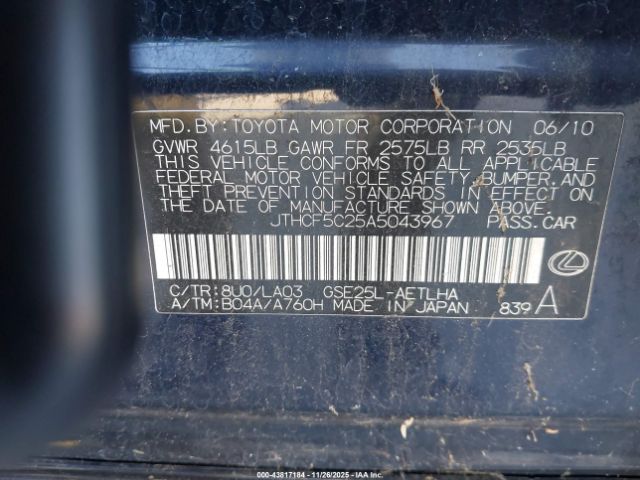 2010 LEXUS IS 250 JTHCF5C25A5043967 Photo 8