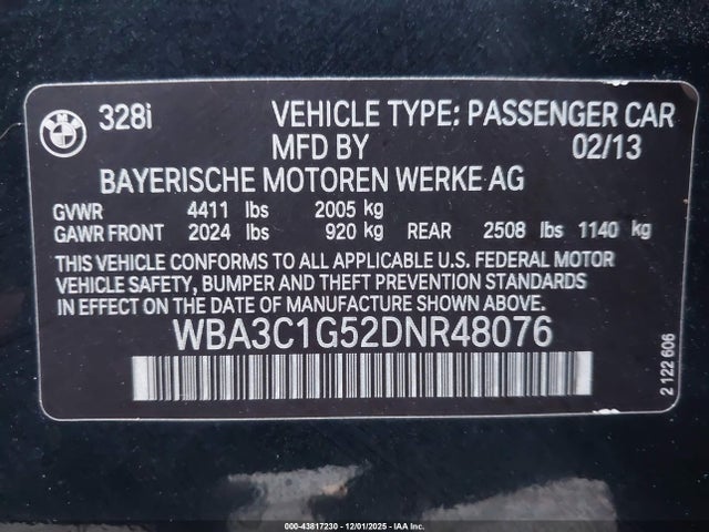 Aukcja sprzedaży 2013 Bmw 328i, vin: WBA3C1G52DNR48076, numer aukcji: 43817230