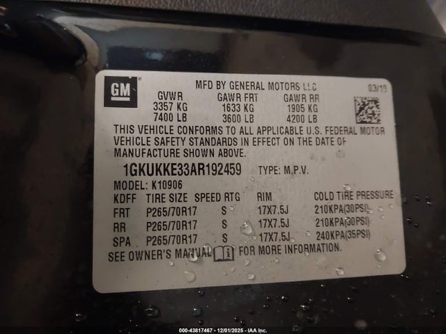 2010 Gmc Yukon Xl 1500 Slt მანქანა იყიდება აუქციონზე, vin: 1GKUKKE33AR192459, აუქციონის ნომერი: 43817467