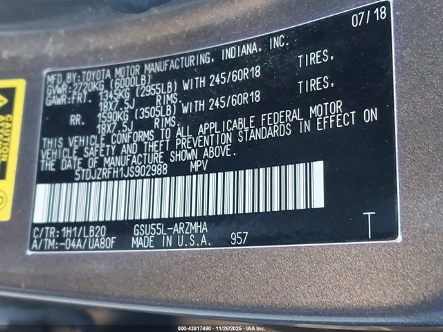5TDJZRFH1JS902988 Toyota Highlander Xle
