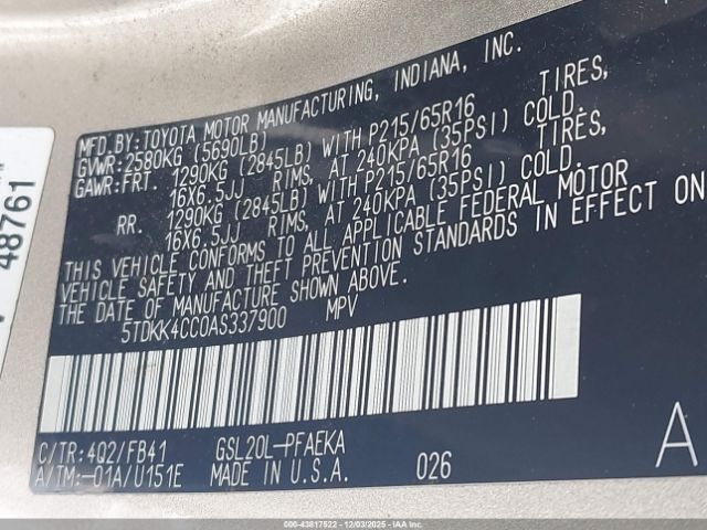 2010 TOYOTA SIENNA 5TDKK4CC0AS337900 Photo 8