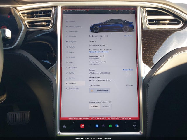 43817624 :رقم المزاد ، 5YJSA1E17HF180281 vin ، 2017 Tesla Model S 60/75 مزاد بيع