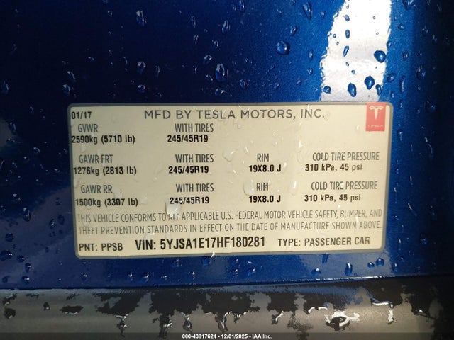 43817624 :رقم المزاد ، 5YJSA1E17HF180281 vin ، 2017 Tesla Model S 60/75 مزاد بيع
