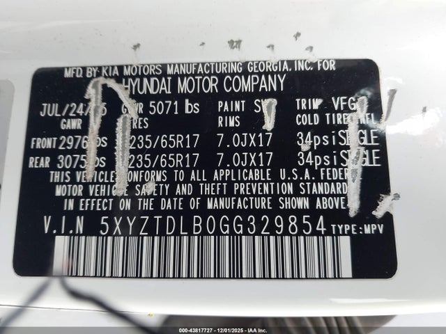 43817727 :رقم المزاد ، 5XYZTDLB0GG329854 vin ، 2016 Hyundai Santa Fe Sport 2.4l مزاد بيع