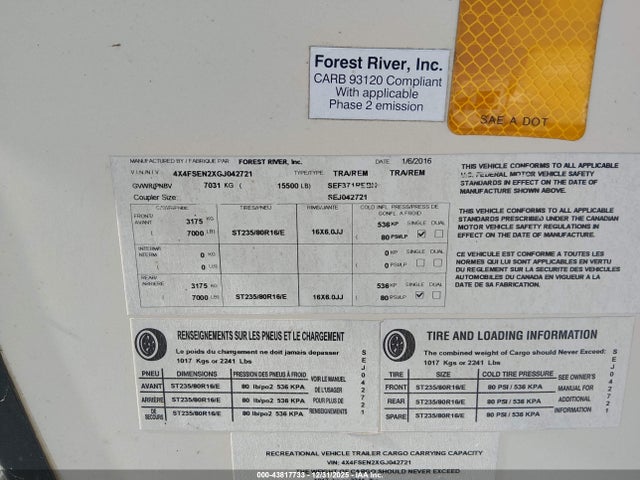 4X4FSEN2XGJ042721 Forest River Sierra Towables