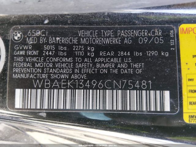 2006 BMW 650I WBAEK13496CN75481 Photo 8
