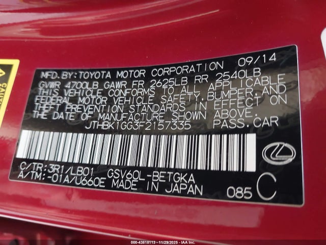 Aukcja sprzedaży 2015 Lexus Es 350, vin: JTHBK1GG3F2157335, numer aukcji: 43818113