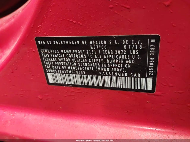 43818150 :رقم المزاد ، 3VWC57BU1KM076699 vin ، 2019 Volkswagen Jetta 1.4t R-line/1.4t S/1.4t Se مزاد بيع