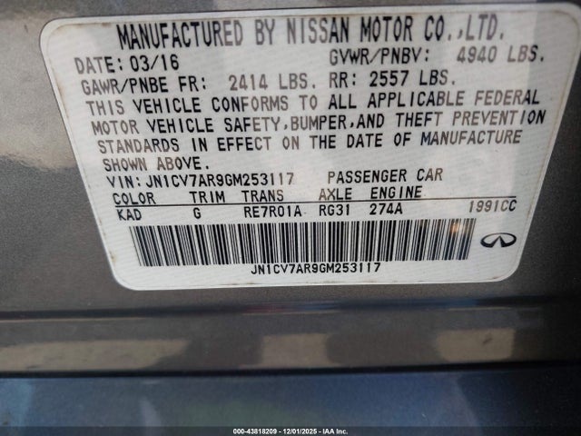 43818209 :رقم المزاد ، JN1CV7AR9GM253117 vin ، 2016 Infiniti Q50 2.0t Premium مزاد بيع