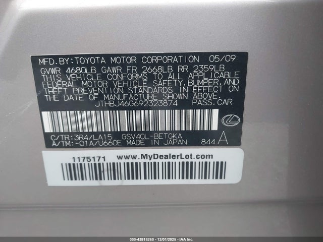 Продажа на аукционе авто 2009 Lexus Es 350, vin: JTHBJ46G692323874, номер лота: 43818260