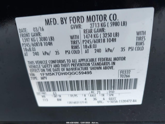 1FM5K7DH0GGC59495 Ford EXPLORER XLT