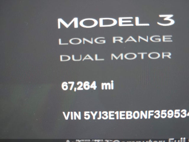 5YJ3E1EB0NF359534 Tesla Model 3 Long Range Dual Motor All-wheel Drive