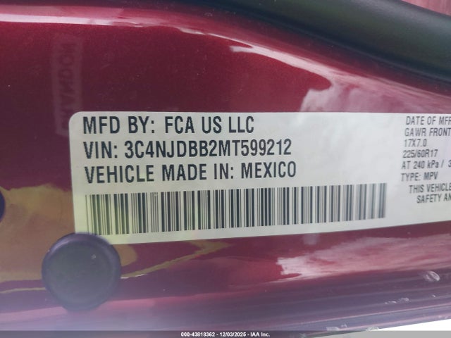 Aukcja sprzedaży 2021 Jeep Compass Latitude 4x4, vin: 3C4NJDBB2MT599212, numer aukcji: 43818362