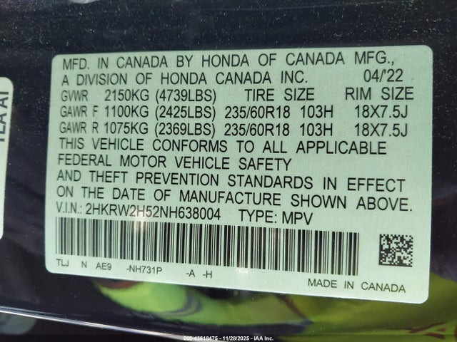 2HKRW2H52NH638004 Honda Cr-v Awd Ex