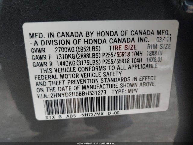 Продаж на аукціоні авто 2011 Acura Mdx Technology Package, vin: 2HNYd2H68BH531273, номер лоту: 43818660