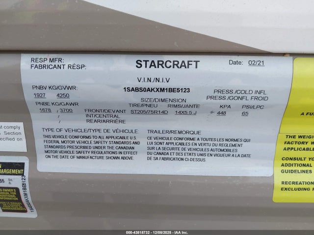 Продаж на аукціоні авто 2021 Starcraft Autumn Ridge, vin: 1SABS0AKXM1BE5123, номер лоту: 43818732