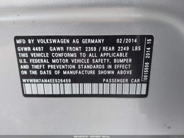 2014 VOLKSWAGEN CC WVWBN7AN4EE526459 Photo 8