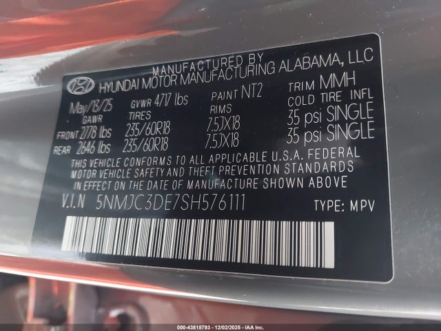 5NMJC3DE7SH576111 Hyundai Tucson Sel Convenience