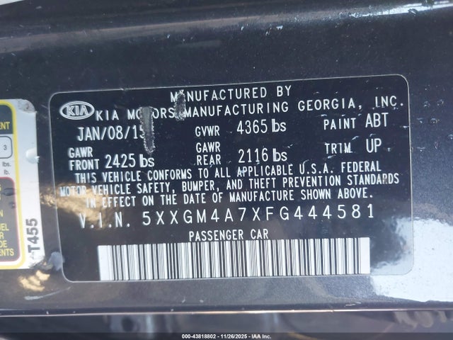 Aukcja sprzedaży 2015 Kia Optima Lx, vin: 5XXGM4A7XFG444581, numer aukcji: 43818802