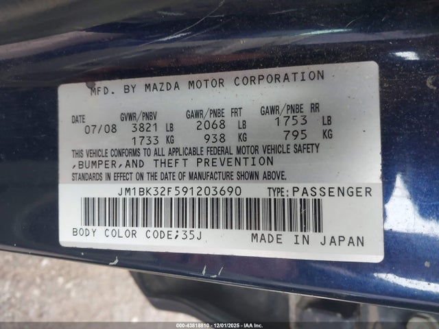 2009 Mazda Mazda3 I მანქანა იყიდება აუქციონზე, vin: JM1BK32F591203690, აუქციონის ნომერი: 43818810