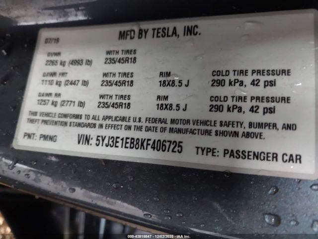 2019 TESLA MODEL 3 5YJ3E1EB8KF406725 Photo 8