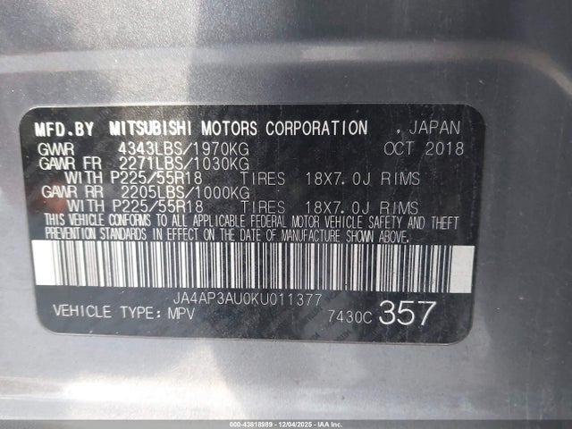 2019 MITSUBISHI OUTLANDER SPORT JA4AP3AU0KU011377 Photo 8