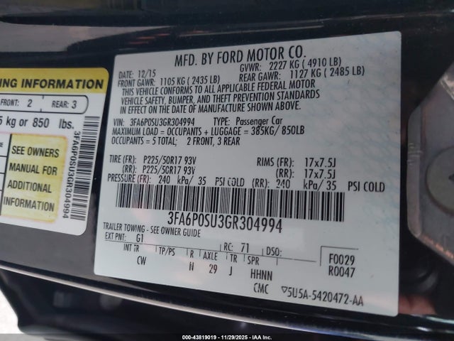 Aukcja sprzedaży 2016 Ford Fusion Energi Titanium, vin: 3FA6P0SU3GR304994, numer aukcji: 43819019