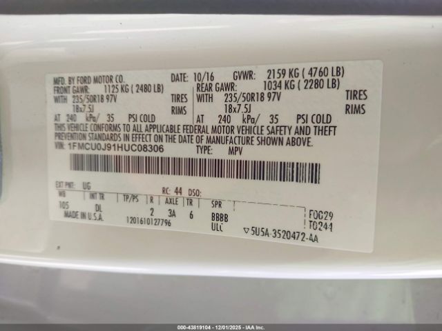 2017 FORD ESCAPE 1FMCU0J91HUC08306 Photo 8