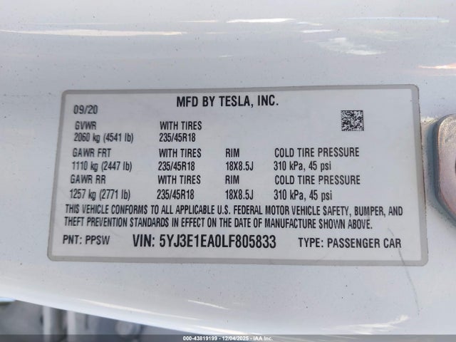 2020 TESLA MODEL 3 5YJ3E1EA0LF805833 Photo 8