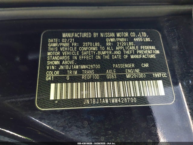 JN1BJ1AW1MW428700 Nissan Rogue Sport S Awd Xtronic Cvt