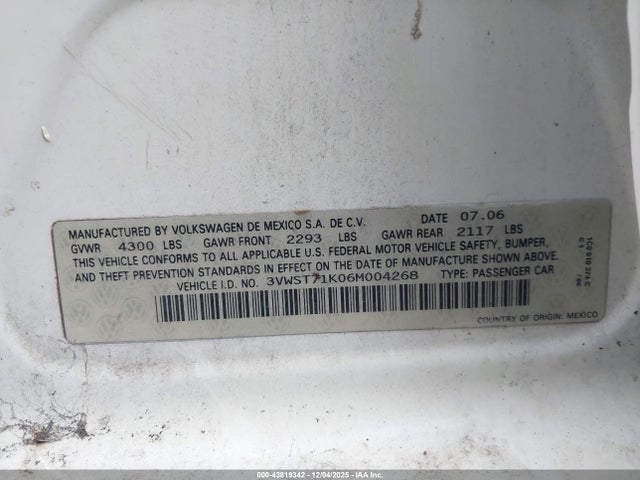 Продаж на аукціоні авто 2006 Volkswagen Jetta Tdi, vin: 3VWST71K06M004268, номер лоту: 43819342