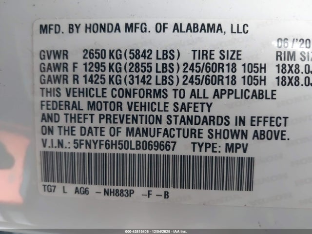 Продажа на аукционе авто 2020 Honda Pilot Awd Ex-l, vin: 5FNYF6H50LB069667, номер лота: 43819406