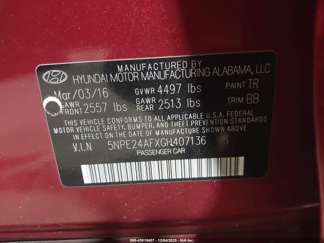 2016 Hyundai Sonata Se მანქანა იყიდება აუქციონზე, vin: 5NPE24AFXGH407136, აუქციონის ნომერი: 43819407