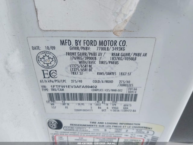 Продажа на аукционе авто 2010 Ford F-150 Fx4/harley-davidson/king Ranch/lariat/platinum/xl/xlt, vin: 1FTFW1EV3AFA59402, номер лота: 43819520