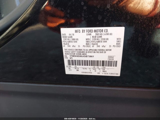 1FM5K8D80JGB73861 Ford EXPLORER XLT