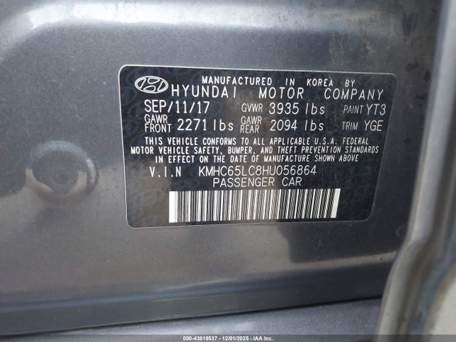 KMHC65LC8HU056864 Hyundai Ioniq Hybrid Blue