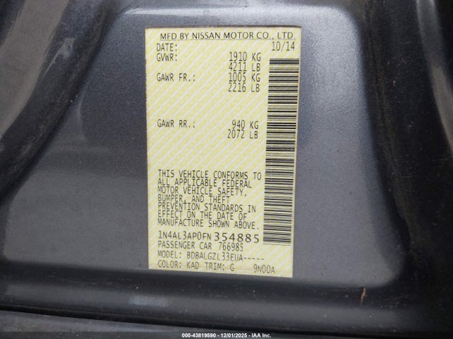 Продаж на аукціоні авто 2015 Nissan Altima 2.5 S, vin: 1N4AL3AP0FN354885, номер лоту: 43819590