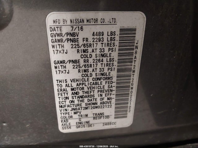Aukcja sprzedaży 2016 Nissan Rogue S, vin: JN8AT2MT2GW022122, numer aukcji: 43819730