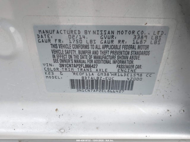Aukcja sprzedaży 2014 Nissan Versa 1.6 Sv, vin: 3N1CN7AP2EL866427, numer aukcji: 43819732
