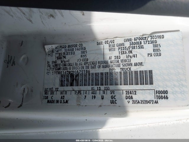 43819819 :رقم المزاد ، 1FTRE14282HA75186 vin ، 2002 Ford E-150 Commercial/recreational مزاد بيع