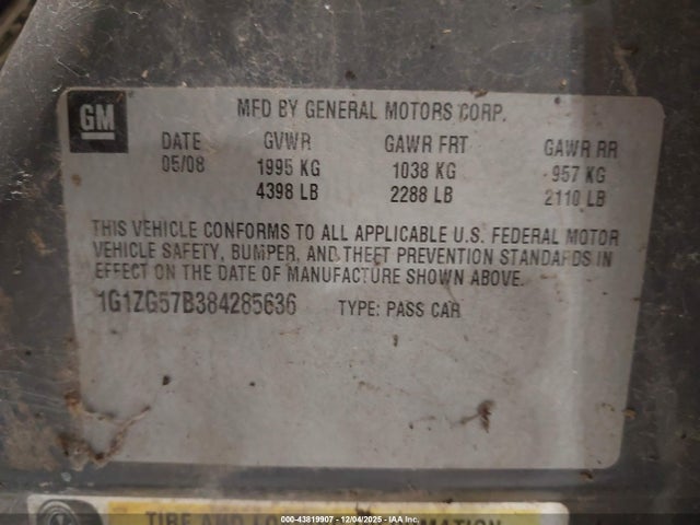 2008 Chevrolet Malibu Ls მანქანა იყიდება აუქციონზე, vin: 1G1ZG57B384285636, აუქციონის ნომერი: 43819907