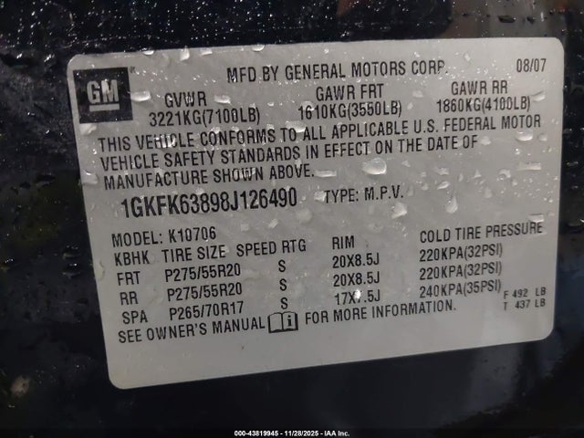 Aukcja sprzedaży 2008 Gmc Yukon Denali, vin: 1GKFK63898J126490, numer aukcji: 43819945