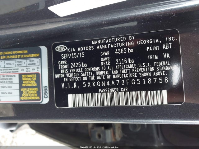 Aukcja sprzedaży 2015 Kia Optima Ex, vin: 5XXGN4A73FG518758, numer aukcji: 43820016