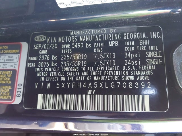 5XYPH4A5XLG708392 KIA Sorento 3.3l Ex